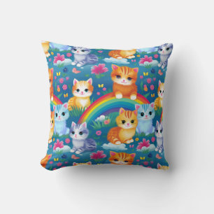 Happy Kitty Cats on Rainbow Clouds Cushion