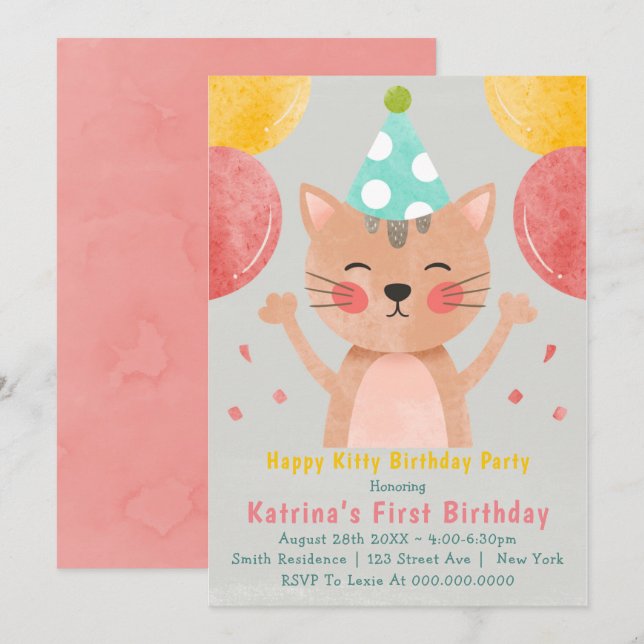 Happy Kitty First Birthday Invitations  (Front/Back)
