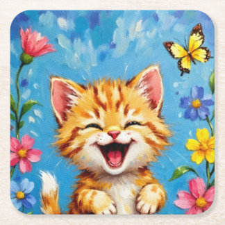 Happy Kitty Garden Square Paper Coaster