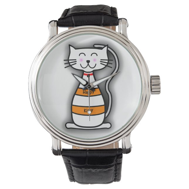 Happy Kitty Vintage Leather Strap Black Watch (Front)