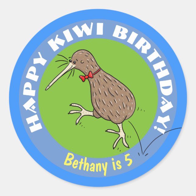 Happy kiwi cartoon bird with bow tie classic round sticker (Front)