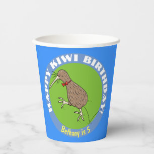Happy kiwi cartoon bird with bow tie  paper cups