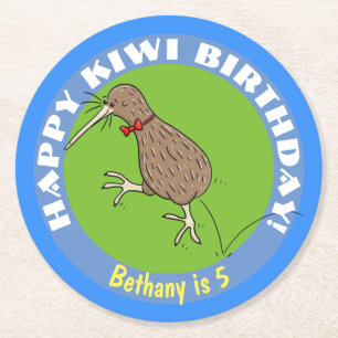 Happy kiwi cartoon bird with bow tie round paper coaster