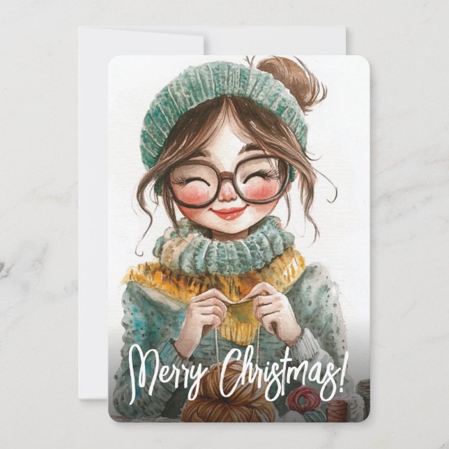 Happy Knitter Cosy Winter Crafting Xmas Holiday Card (Front)