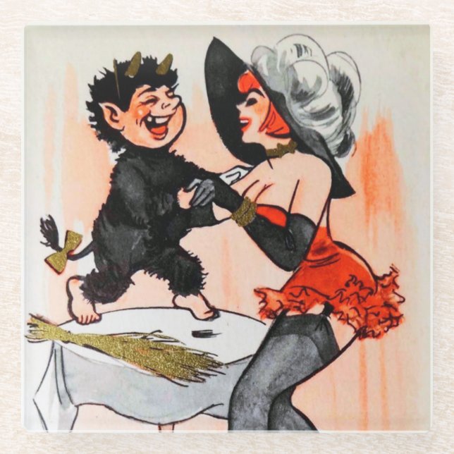 Happy Krampus with Temptress Vintage Christmas Glass Coaster (Front)