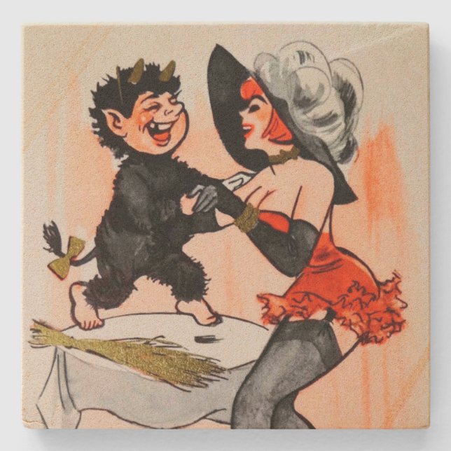 Happy Krampus with Temptress Vintage Christmas Stone Coaster (Front)