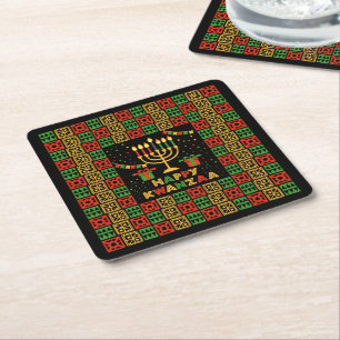 Happy Kwanzaa Candles Red Black Green Yellow Square Paper Coaster