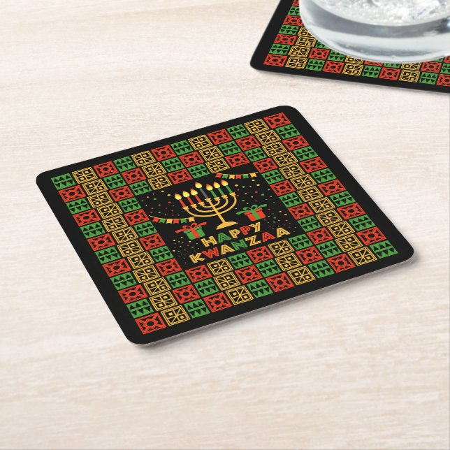 Happy Kwanzaa Candles Red Black Green Yellow  Square Paper Coaster (Angled)