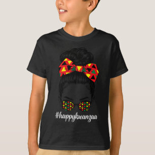 Happy Kwanzaa Christmas Girl Messy Bun Black Women T-Shirt