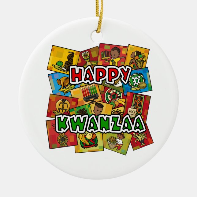 Happy Kwanzaa Collage Ceramic Tree Decoration (Front)