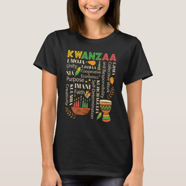Happy Kwanzaa Drum Kinara Seven Candles Africa Cel T-Shirt (Front)