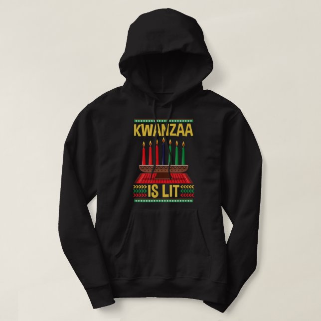 Happy Kwanzaa Is Lit Funny African American Candle Hoodie (Design Front)
