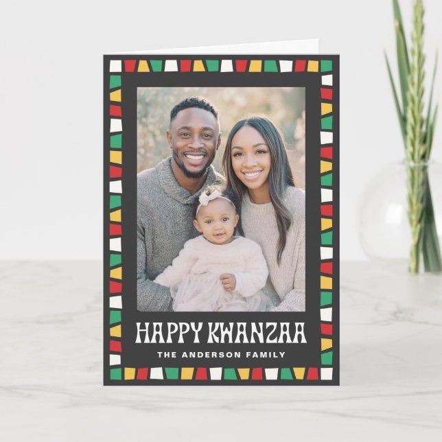 Happy Kwanzaa red green yellow mosaic border photo Holiday Card (Front)