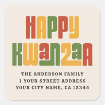 Happy Kwanzaa red green yellow text return address