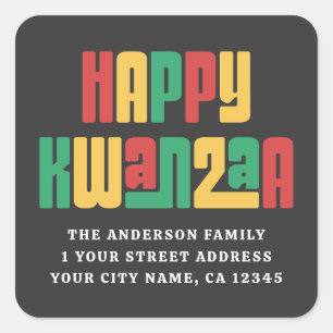Happy Kwanzaa red green yellow text return address Square Sticker