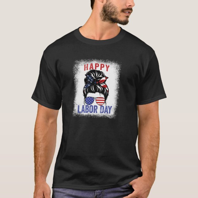 Happy Labor Day Messy Bun USA Flag For Women Pullo T-Shirt (Front)