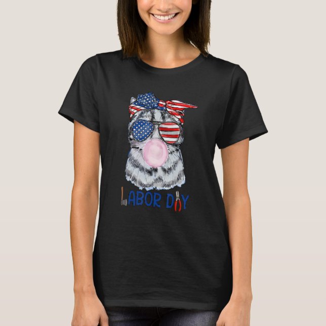 Happy Labour Day  Cat Bubble Gum America Flag T-Shirt (Front)