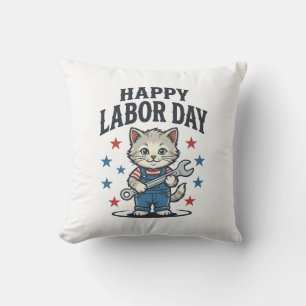 Happy Labour Day Cat Worker Patriotic Vintage Desi Cushion