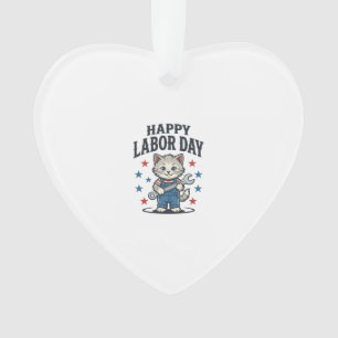Happy Labour Day Cat Worker Patriotic Vintage Desi Ornament
