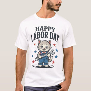 Happy Labour Day Cat Worker Patriotic Vintage Desi T-Shirt