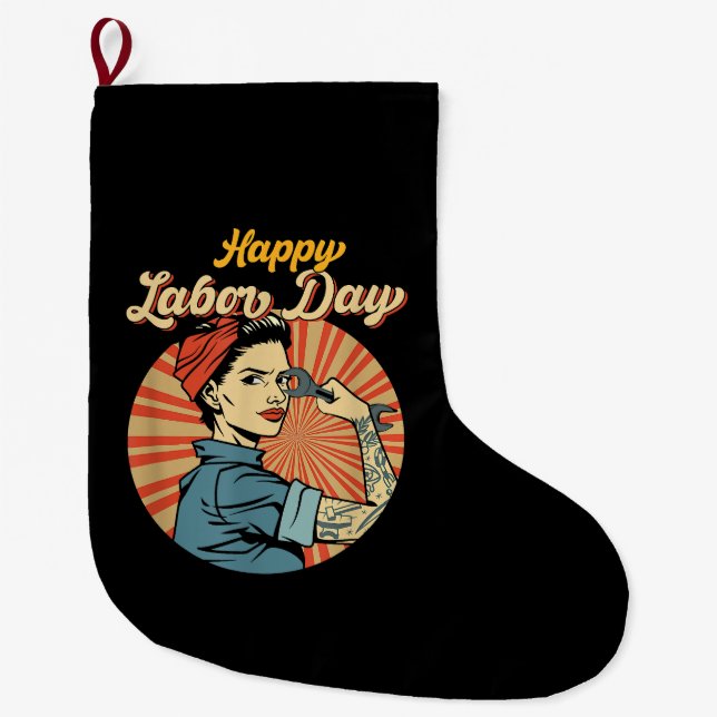Happy Labour Day Girl Strong Worker Movement Emplo Large Christmas Stocking (Front)