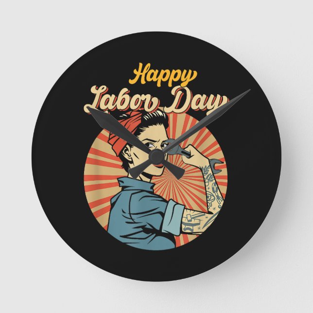 Happy Labour Day Girl Strong Worker Movement Emplo Round Clock (Front)