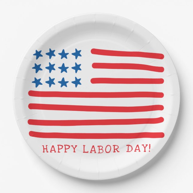 Happy Labour Day | Hand Drawn American Flag Paper Plate (Front)