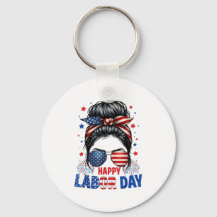 Happy Labour Day Messy Bun Patriotic Usa Flag Wome Key Ring