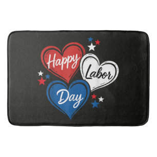 Happy Labour Day Patriotic Hearts Red White Blue Bath Mat