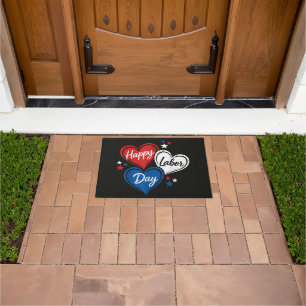Happy Labour Day Patriotic Hearts Red White Blue Doormat