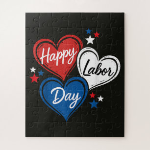 Happy Labour Day Patriotic Hearts Red White Blue Jigsaw Puzzle