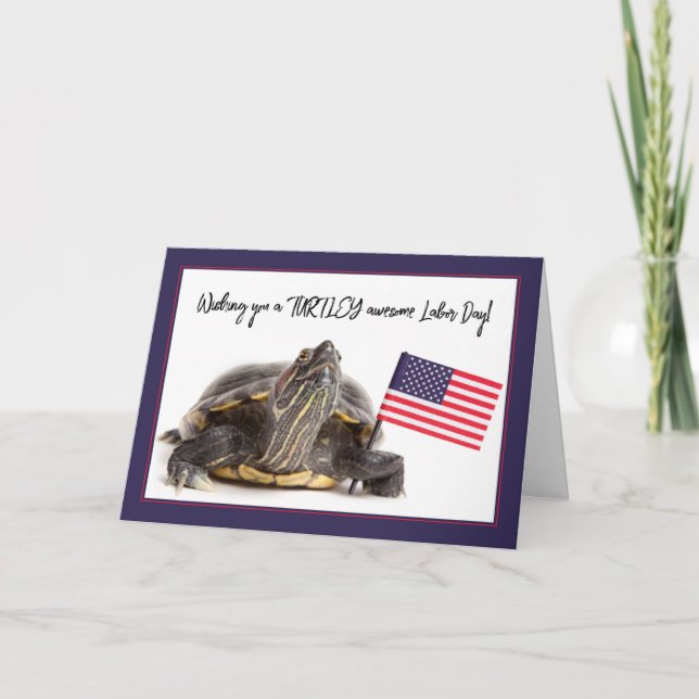 Happy Labour Day Patriotic Turtle With Flag Humour Holiday Card (Front)