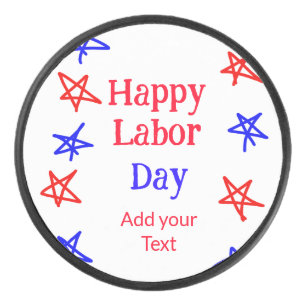 Happy labour day red blue star American day add te Hockey Puck