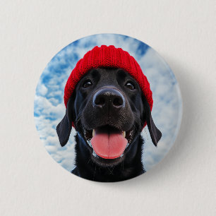 Happy Labrador in a Red Beanie Under a Blue Sky 6 Cm Round Badge