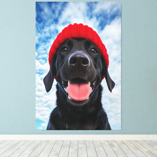 Happy Labrador in a Red Beanie Under a Blue Sky Canvas Print (Insitu(Wood Floor))