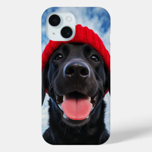 Happy Labrador in a Red Beanie Under a Blue Sky iPhone 15 Case