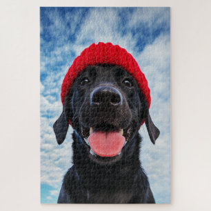 Happy Labrador in a Red Beanie Under a Blue Sky Jigsaw Puzzle