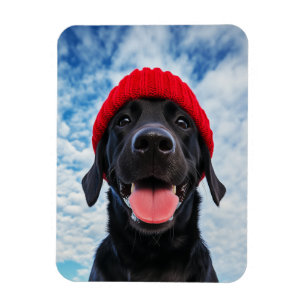 Happy Labrador in a Red Beanie Under a Blue Sky Magnet