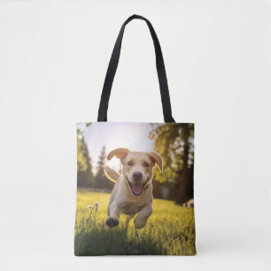 Happy Labrador Puppy Running Tote Bag