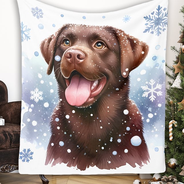 Happy Labrador Retriever Dog Winter Snowflakes Fleece Blanket (Creator Uploaded)