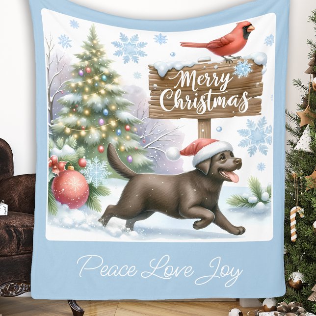 Happy Labrador Retriever Puppy Dog Merry Christmas Fleece Blanket (Creator Uploaded)