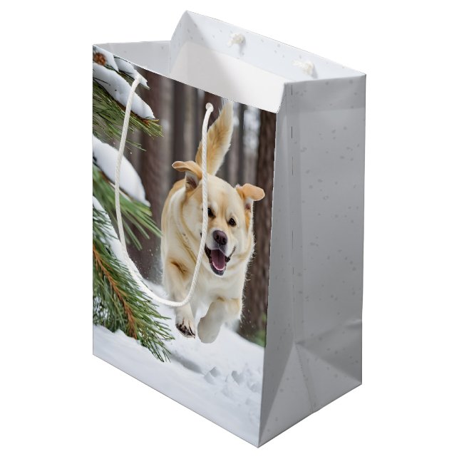 Happy Labrador Retriever Running In Snow Medium Gift Bag (Front Angled)