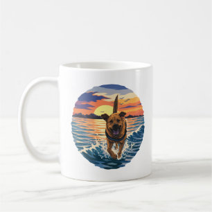 Happy Labrador Running Through Golden Sunset Ocean Coffee Mug