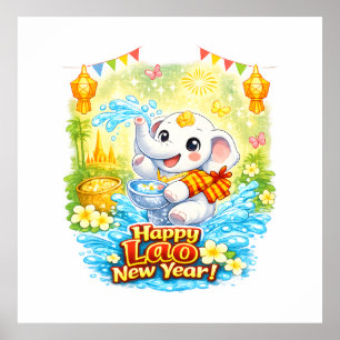 Happy Lao New Year – Cute White Elephant Pi Mai La Poster