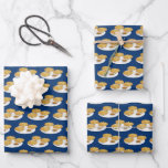 Happy Latkes Apple Sauce Sour Cream Hanukkah Wrapping Paper Sheet<br><div class="desc">Food Hanukkah wrapping paper with a repeating pattern of three smiling latkes on a plate with apple sauce and sour cream on a blue background.

Happy Latkes Apple Sauce Sour Cream Hanukkah Wrapping Paper Sheets
Sweetsham Food Art   |   ©Melissa Patton Artist/Illustrator</div>