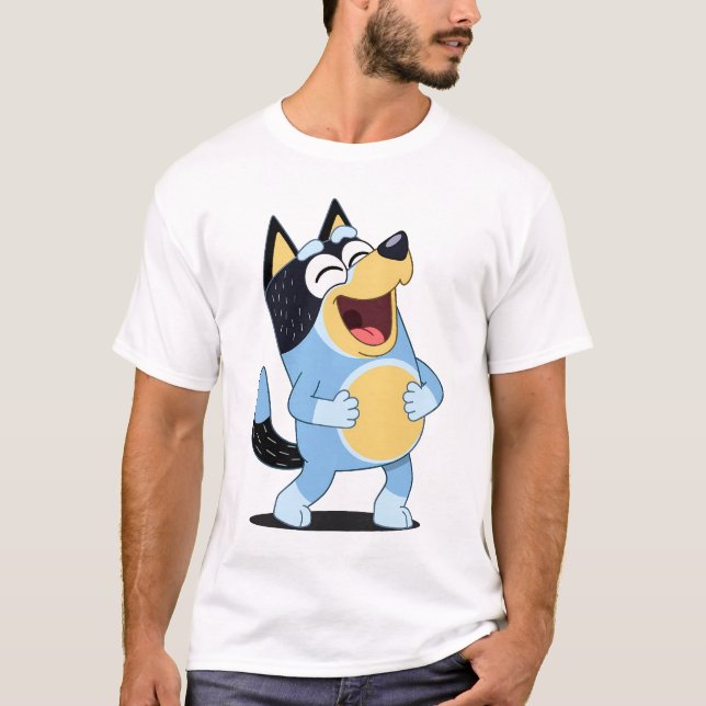 Happy Laughing Blue Dog Cartoon T-Shirt (Front)