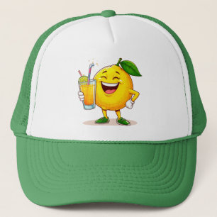 Happy Lemon Cartoon Character Holding Juice Trucker Hat
