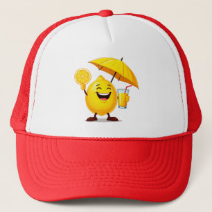 Happy Lemon Cartoon Character Holding Juice Trucker Hat