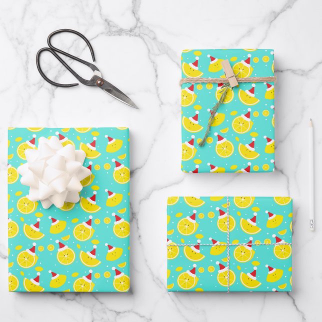 Happy Lemons Santa Hats Pattern Christmas Wrapping Paper Sheet (Front)