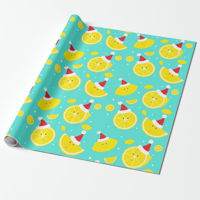 Happy Lemons Santa Hats Pattern Wrapping Paper (Unrolled)